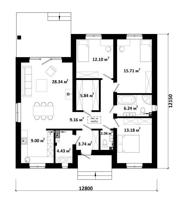 ПРОЕКТ ОДНОЭТАЖНОГО ДОМА С ШАТРОВОЙ КРЫШЕЙ GRAF B планировка этажей - фото 1